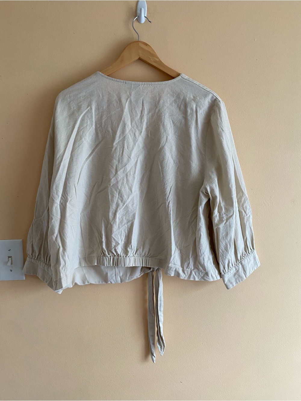 Joie Linen Blend Tie Front Blouse Woman 1X Beige Button Front Boho Top Softgirl - Picture 3 of 14